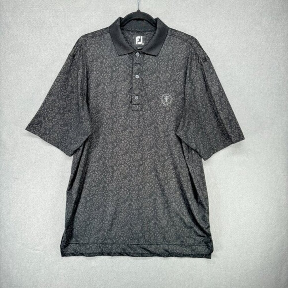 FJ FootJoy Golf Polo Shirt Mens Medium Black Abstract Performance Company Logo